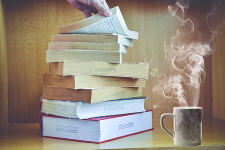 Old books on a wooden background.,Vintage Conceptの写真素材
