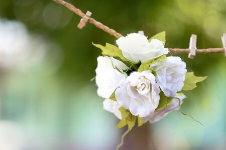 Rail clothespin and flowers in the backgroundの写真素材