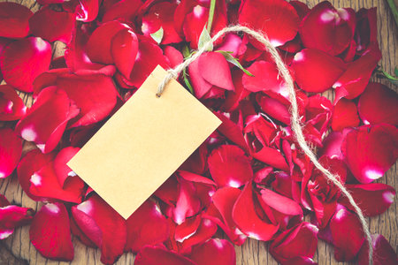 Red rose petals and card on isolate background