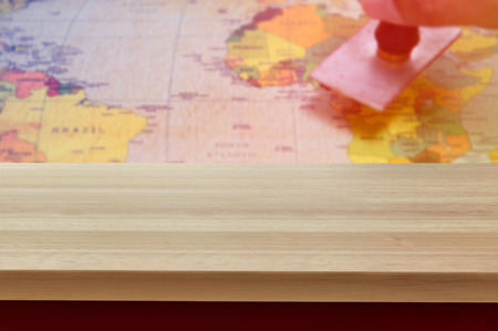 Wood table top on blur abstract backgroundの写真素材