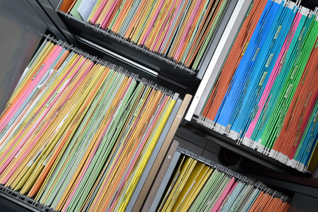 top view colorful hanging file folders in drawer,For filing and searching for documents.の写真素材
