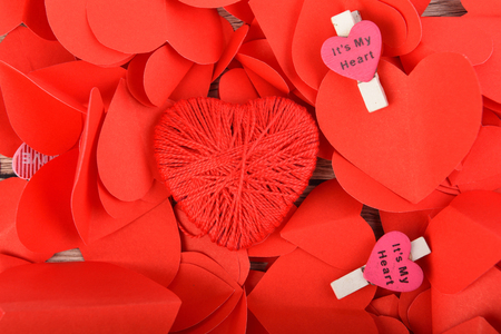 valentines Red heart pace on wood backgroundの写真素材