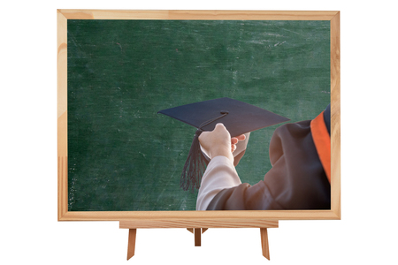 Blackboard on white isolated background,Graduates are in the picture.の写真素材