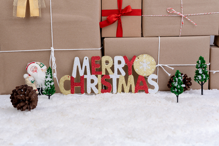Christmas Decoration with gift boxes backgroundの写真素材