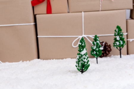 Christmas Decoration with gift boxes backgroundの写真素材
