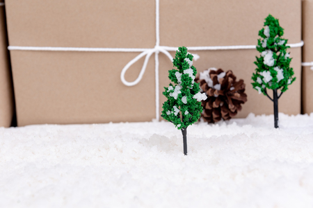 Christmas Decoration with gift boxes backgroundの写真素材