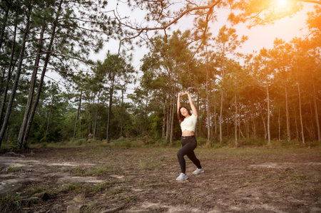 A woman running trek at a mountain pine forest.