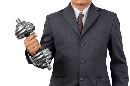 Businessman holding dumbbells on isolated background and clipping pathの写真素材