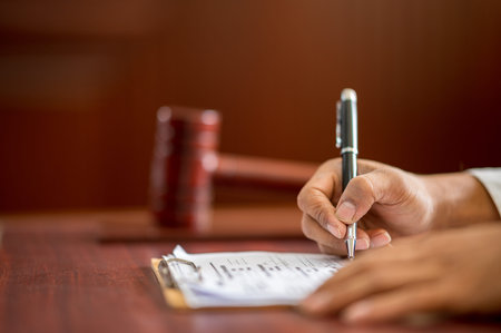 The lawyer is carrying a pen to write a case record in the courtroom