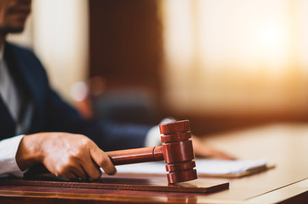 Judge held Wooden Hammer for Adjudge Judicial of Lawyer In the courtroom