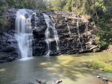 A beautiful and serene waterfallの写真素材
