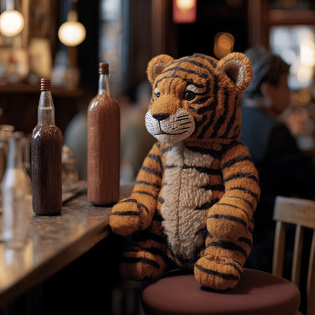 Tiger doll in a cafe. Concept of the year 2023.の素材