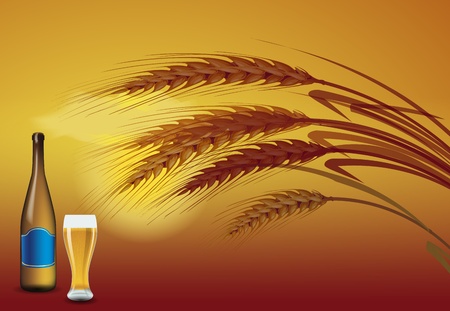 Barley grains at the sunset on the back. In front of a beer bottle and a glass of beerのイラスト素材