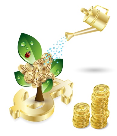 tree with green leafs and money and blue watering investment concept theme over whiteのイラスト素材