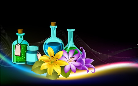 aroma spa oil bottles and flower illustrationのイラスト素材
