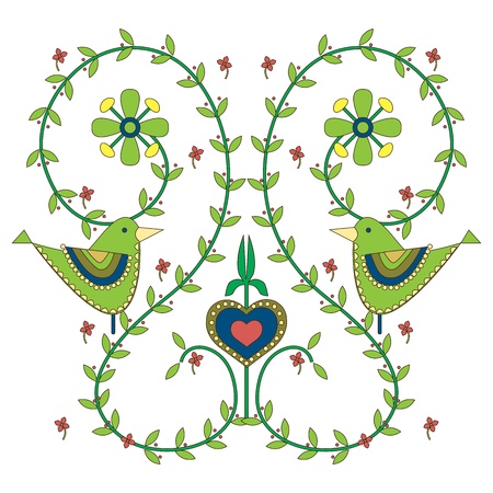 Illustrations of Leaves, flowers,love birds cardのイラスト素材