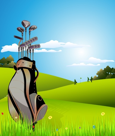 golf equipment on green and hole as backgroundのイラスト素材