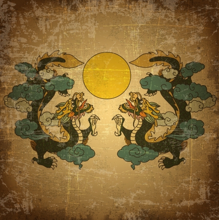 Chinese dragon on old grunge paper backgroundのイラスト素材