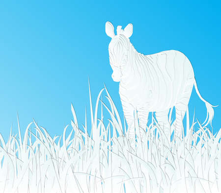 paper cut design zebra with grass on sky blue backgroundのイラスト素材