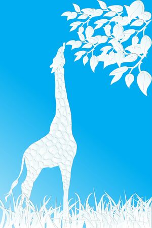 paper cut design Giraffe eating leaves on sky blue backgroundのイラスト素材