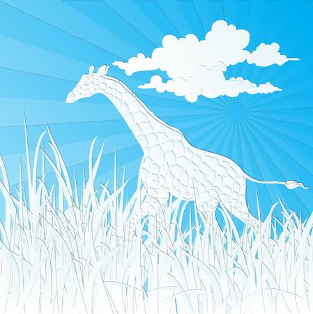 paper cut design Giraffe in Prairie on sky blue backgroundのイラスト素材