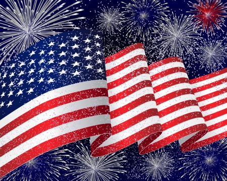 USA flag background with Fireworks in the night のイラスト素材