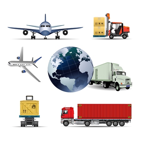 shipping box with truck, airplane and world internationalのイラスト素材