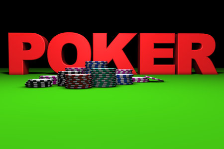 3d rendering of red poker sign and colored chips on a green table. Great background for magazines, banners, webpages, flyers, etc.の写真素材