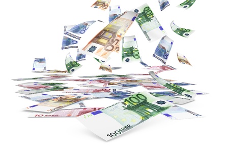 Money concept with a rain of falling euro notes on white background の写真素材