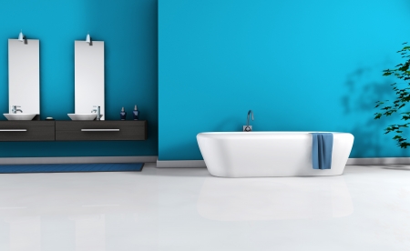 Home interior view of a contemporary bathroom with modern design and furniture and empty space on wall for your copy, colored in blue cyan, black and white floor, 3d rendering の写真素材