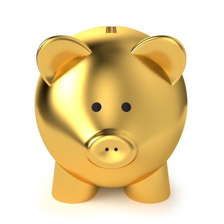 Financial, savings and business concept with a golden piggy bank or money box on white background の写真素材