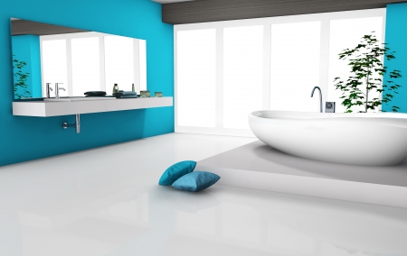 Modern home interior of a luxury bathroom with contemporary furniture and design, white floor and bathtub  No brandnames objects の写真素材