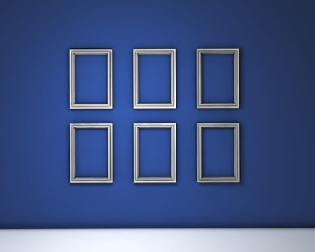 3d home interior with six blank wooden frames with empty space for your copy space or art picture on...