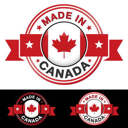 Made in Canada label and icon with ribbon and central glossy Canadian flag symbolのイラスト素材