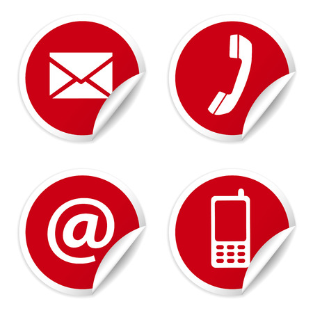 Web and Internet contact us icons set and design symbols on red circular stickers with curl のイラスト素材