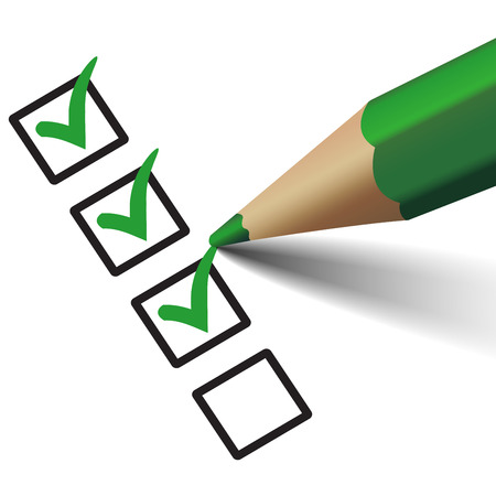 Vector green check mark symbol and icon on checklist with pen for approved design concept and web graphic