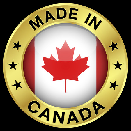 Made in Canada and gold badge icon with central glossy Canadian flag symbol and stars. EPS 10 vector illustration isolated on black background.のイラスト素材