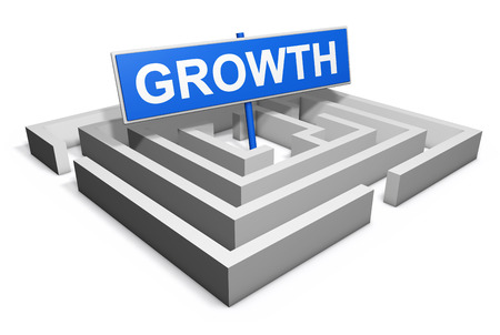 Growth business concept with a labyrinth and a blue goal sign, 3d rendering isolated on white background.の写真素材