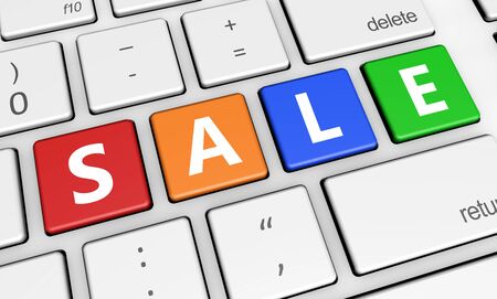 Online sales and shopping concept with sale sign and letters on colorful laptop computer keyboard 3d illustration for blog and online business.の写真素材