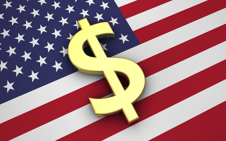 United States Of America economy concept with US flag and golden money dollar currency symbol.の写真素材