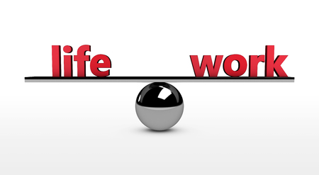 Work-life balance conceptual 3d illustration with life and work red sign balancing on a metal sphere.