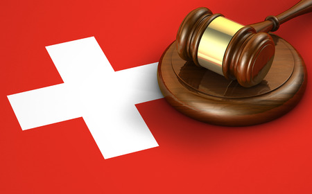 Switzerland law, code, legal system and justice concept with a 3d render of a gavel on the Swiss flag on background.の写真素材
