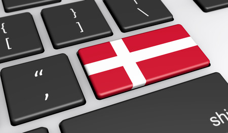 Denmark digitalization and use of digital technologies concept with the Danish flag on a computer key 3D illustration.の写真素材