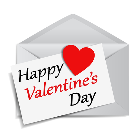 Happy Valentine's Day message and text on note paper with a red heart shaped paper on a mail envelope EPS 10 vector illustration on white background.のイラスト素材