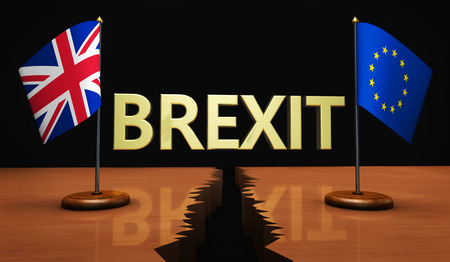 Brexit concept with sign and Union Jack and EU flag separated on a broken desk 3D illustration.の写真素材