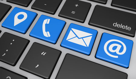 Website contact us concept with email, phone and location icon and symbol on a computer keyboard 3D...
