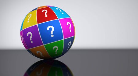Question mark symbol and icon on a colorful globe customer support concept 3d illustration.の写真素材