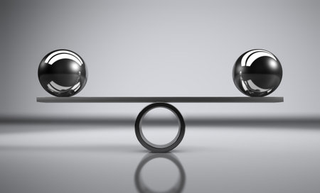 Business and lifestyle balance concept with balanced metal balls on grey background 3D illustration.