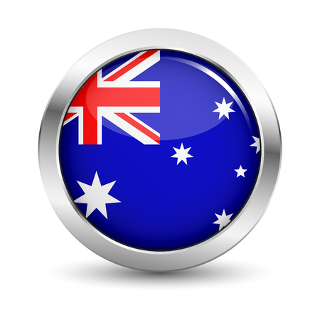 Australia icon silver glossy badge button with Australian flag and shadow vector  illustration on white background.のイラスト素材