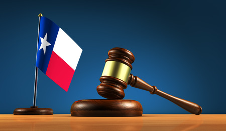 Texas state law, legal system and justice concept with a gavel and the Texan desk flag 3D illustration.の写真素材